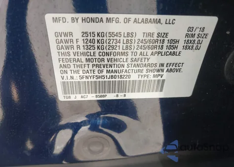 2018 Honda Pilot Ex-L from USA, damaged, VIN 5FNYF5H51JB018220
